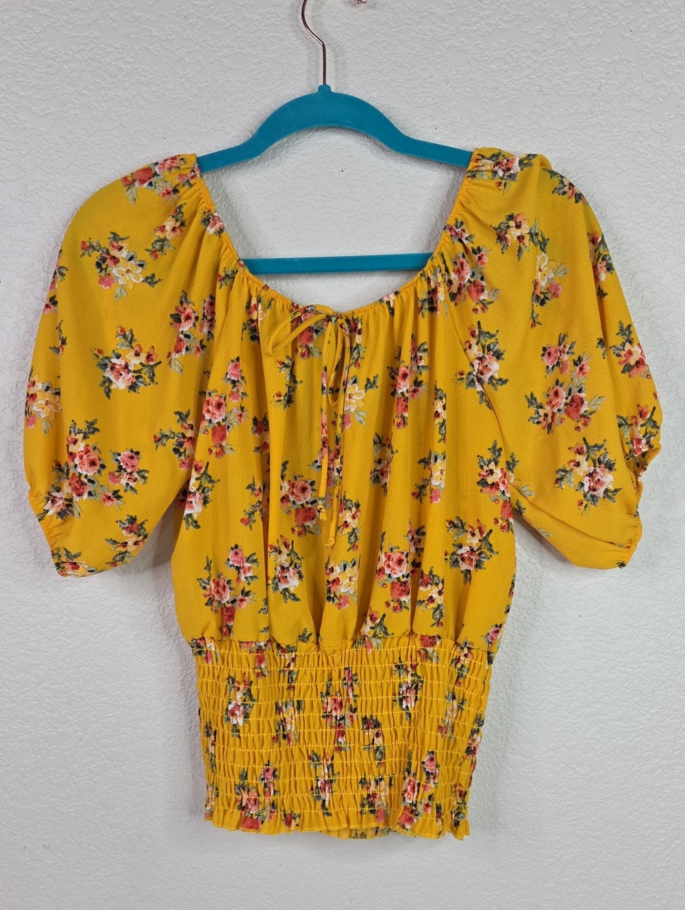 Yellow Floral Off-Shoulder Smocked Waist Top